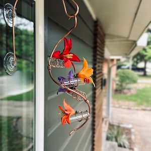 Modern 4 Station Spiral Hummingbird Feeder |  Copper | Silk Flowers | Glass Bottles | New Look