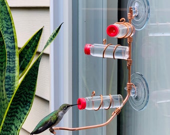 Modern 3 Station Window Hummingbird Feeder | Sweet Feeders | Copper and Aluminum | Home Decor | Glass Bottle | Suction Cup | Multi Station