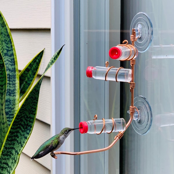 Modern 3 Station Window Hummingbird Feeder | Sweet Feeders | Copper and Aluminum | Home Decor | Glass Bottle | Suction Cup | Multi Station