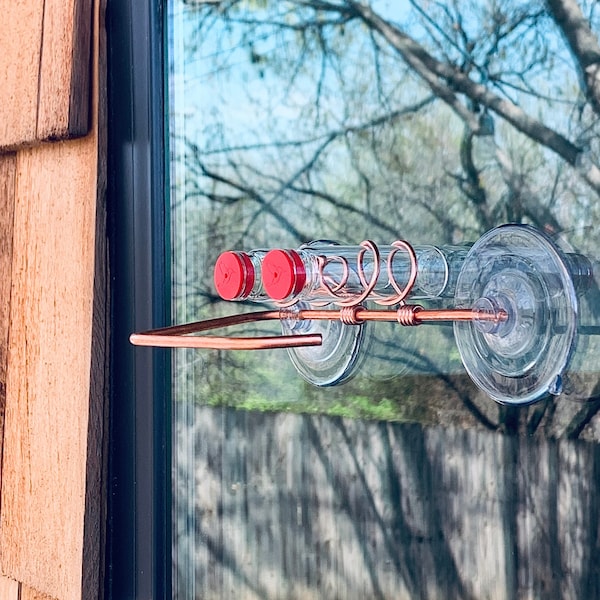 Copper Duo Hummingbird Feeder: Window Suction, Glass Bottles