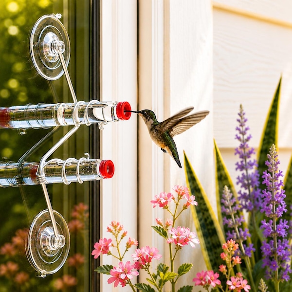 Window Hummingbird Feeder, Geo Feeder, Handmade Aluminum, Glass, Modern, Bird Lover Gift