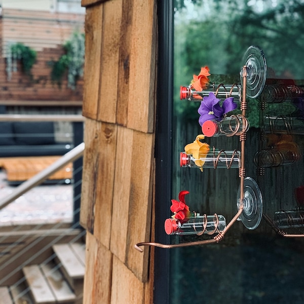 Handcrafted Copper Window Hummingbird Feeder: 4-Station Glass Bottles