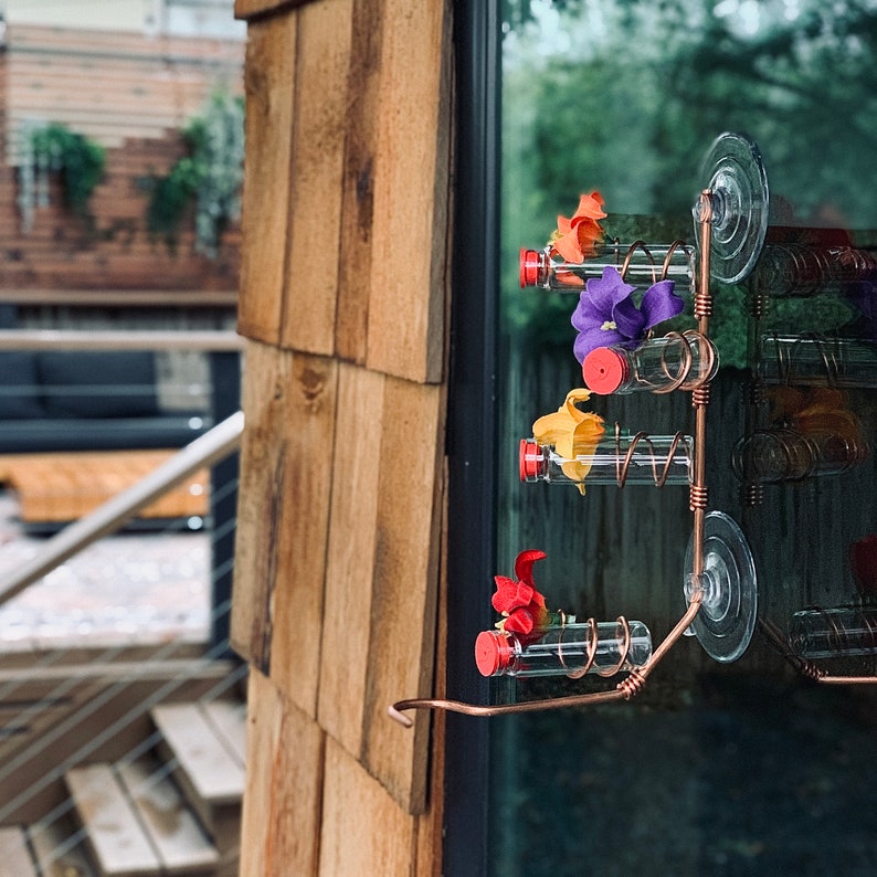 Classic 4 Station Window Hummingbird Feeder | Sweet Feeders | Handcrafted | Copper and Aluminum | Glass Bottles | Silk Flowers