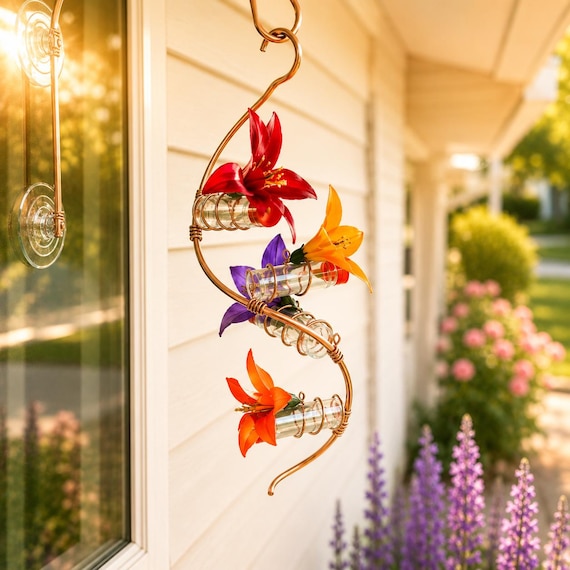 Window Hummingbird Feeder, Four Station, Spiral Feeder, Copper, Glass, Handmade, Bird Lover Gift
