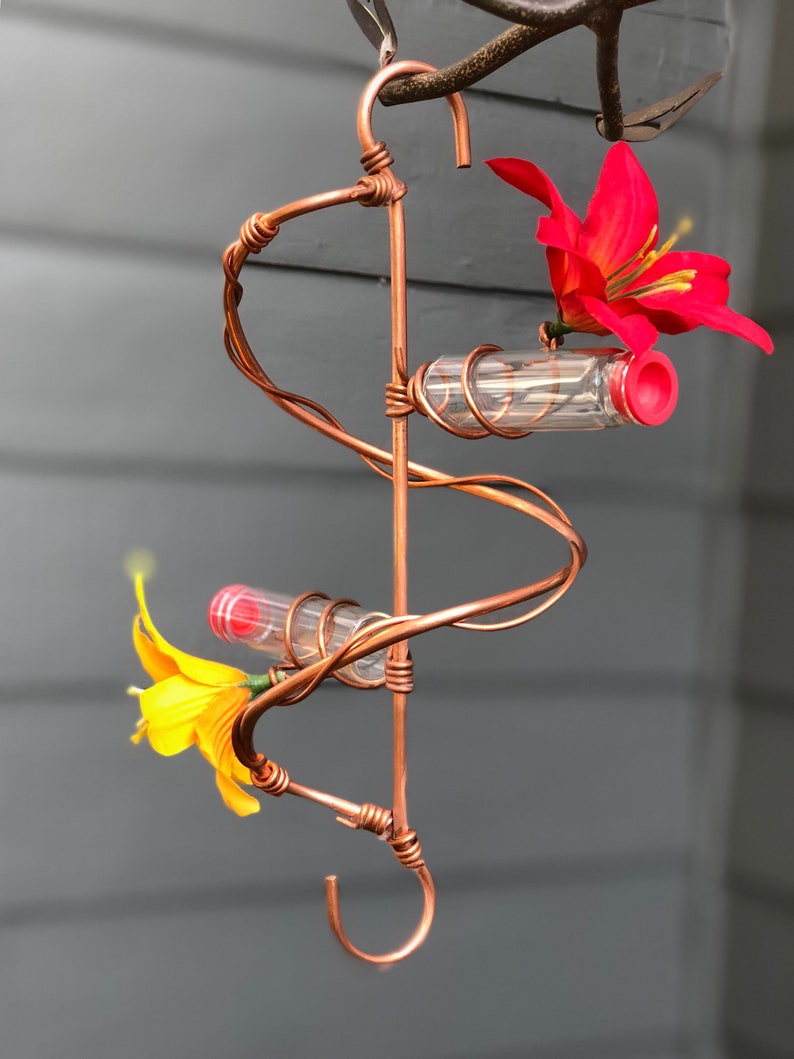 2 Station Spiral Handcrafted Copper Hummingbird Feeder Etsy