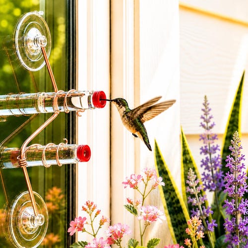 Window Hummingbird Feeder, Geo Feeder, Handmade Copper, Glass, Modern, Bird Lover Gift