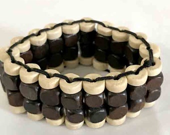 Black and White Multi-layered Natural Sese wood Stretchable African Wooden Beaded Bracelets, New Handcrafted Elegant African Bead Bracelets