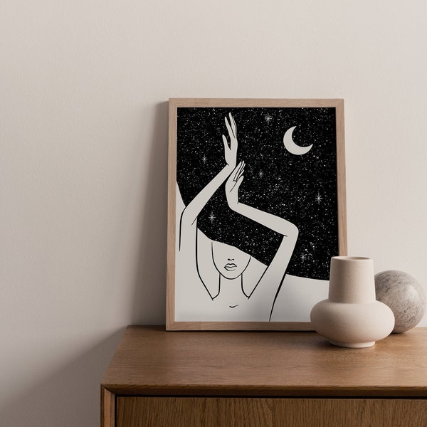 Celestial Hair Art, Stars Artwork, Celestial Sky Print, Celestial Goddess Wall Art, Female Body Poster, Modern Moon Art, Celestial Printable