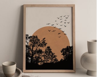 Dark Orange Decor, Forest Silhouette Wall Art, Sun and Birds Print, Tree Silhouette Poster, Flying Birds Decor, Sunrise Sunset Art