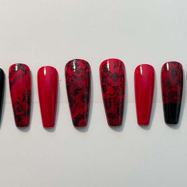 Red and Black Lacey Flower Press-On Nails - Coffin Shape - Size Medium