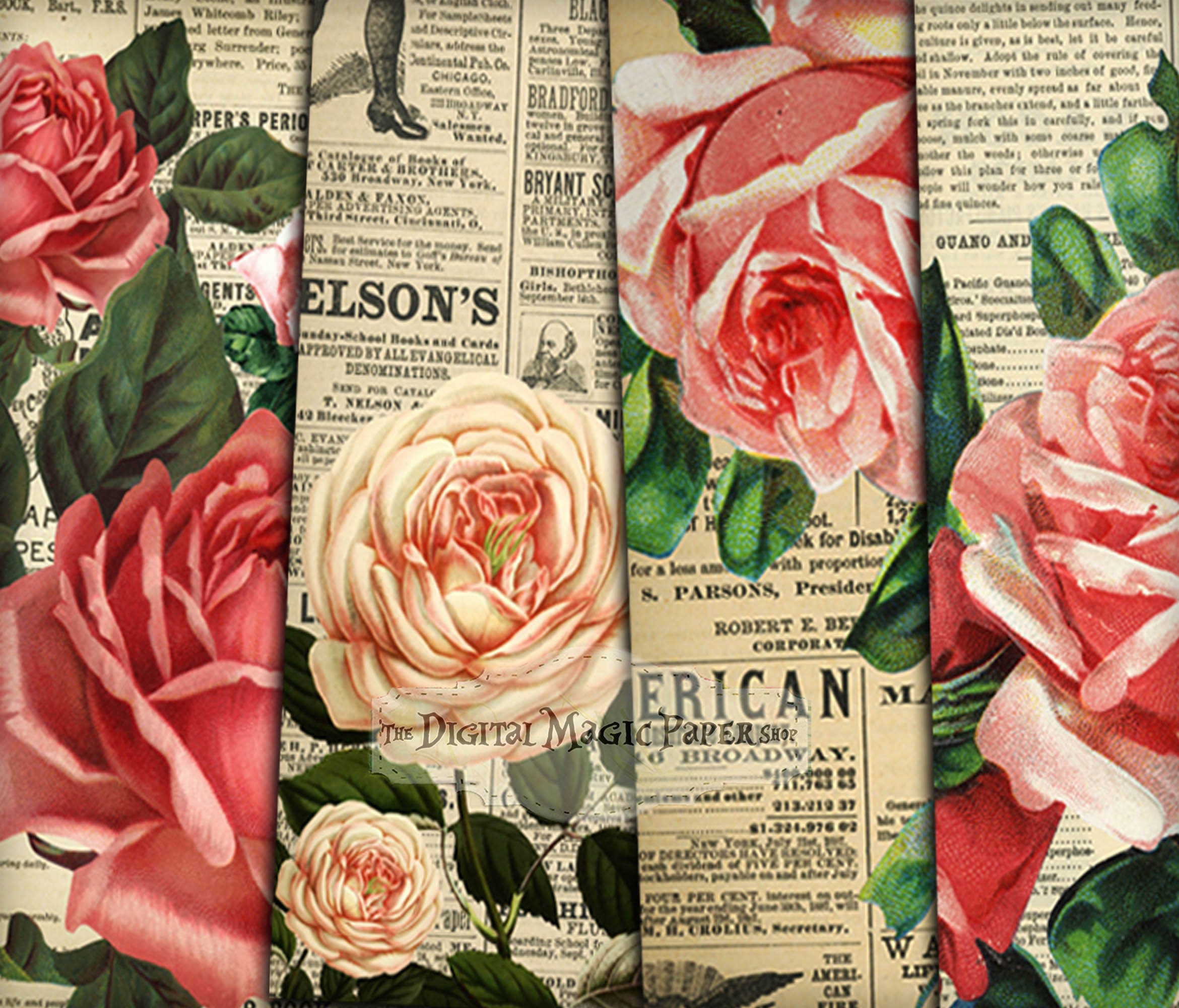 Black and White Floral Paper Rose Digital Paper Pack, Roses, Wedding,  Scrapbooking, Roses, Vintage Roses INSTANT DOWNLOAD 1894 