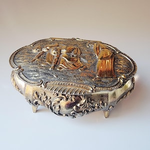 Vintage Brass Rococo Jewelry Box | Red Velvet Interior | Figurative Relief Detail