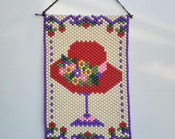 Vintage Red Hat Society Plastic Pony Bead Wall Hanging Banner Red Hat Floral