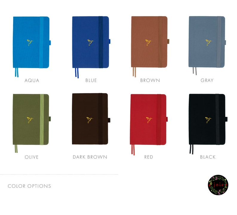 May include: A selection of eight different colored notebooks with a gold hummingbird logo. The colors are aqua, blue, brown, gray, olive, dark brown, red, and black.