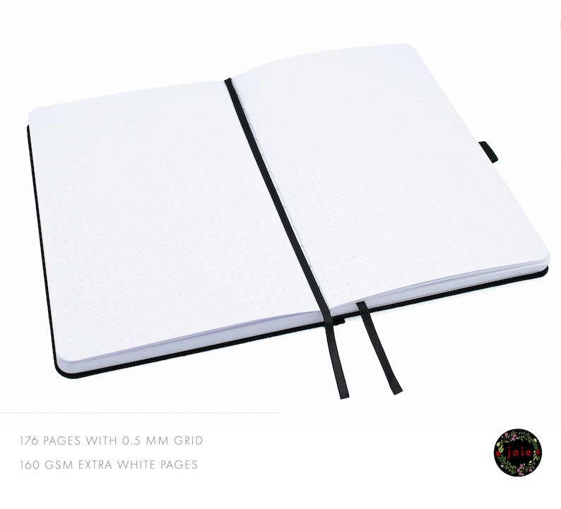 May include: A black notebook with a dotted grid and a black ribbon bookmark. The notebook has 176 pages with 0.5 mm grid and 160 gsm extra white pages.