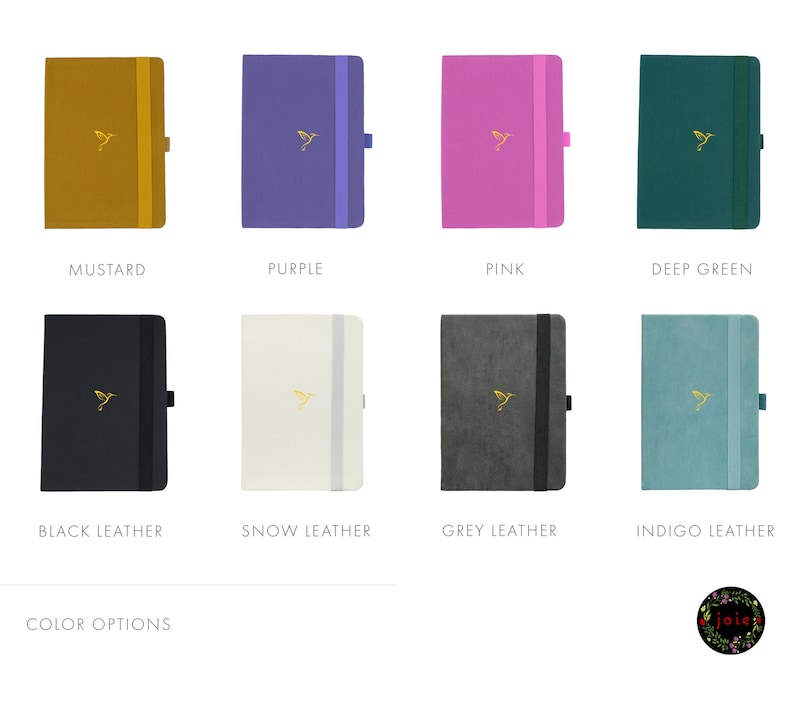 May include: Eight different color options for a notebook. The colors are mustard, purple, pink, deep green, black leather, snow leather, grey leather, and indigo leather.