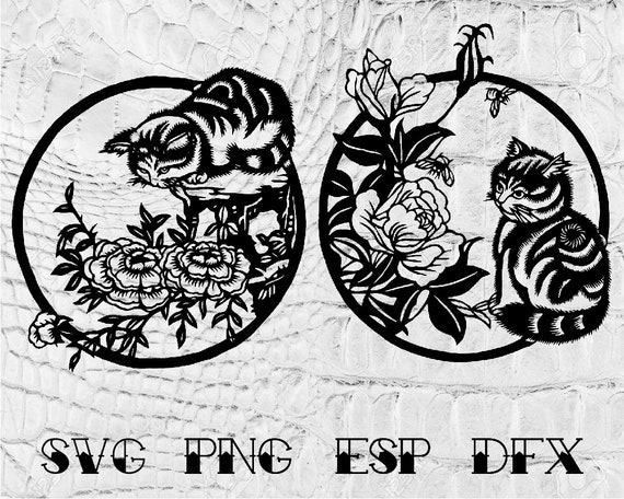Download Chinese Paper Cut Cat Flower Vector Svg Clipart Silhouette Etsy