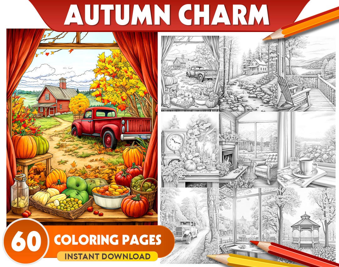 60 Autumn Charm Grayscale Coloring Pages JPEG/PDF Format