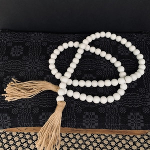 Wood Bead Garland with Tassels, Bead Garland, Wood Bead Strands, White Bead Garland, Farmhouse Garland, Boho Farmhouse Beads, Farmhouse,