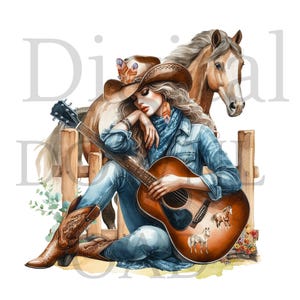 Afdrukken koemeisjes, paard cowgirl, digitale download, westernmeisje JPG, countrygitaar, cadeau paardenliefhebbers, feestkaarten maken, scrapbooking,