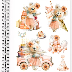 Download digitale di orsi, PNG trasparente, gelato, pianoforte, orsetti di cupcake, orsetti di palloncini, amanti dei macarron, maglietta per la creazione di biglietti, borse regalo