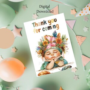 8 Thank You For Coming Cards, Sleeping baby cards, Feather baby Girl, Boho Baby Birthday, Native Kids Png, Floral Butterfly, 8 Digital Cards