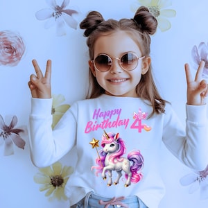 Unicorn Birthday T-shirt: Girls 4th Birthday, Purple & Fuchsia (SVG/PNG Graphic)