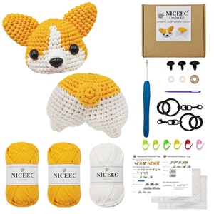 NICEEC コーギーかぎ針編みキット 初心者向け 糸かぎ針編み動物キット スターターキット 大人と子供向けステップバイステップのビデオチュートリアル付き