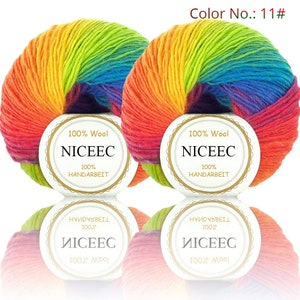 NICEEC 2 Skeins Soft Rainbow Yarn 100% Wool Gradient Multi Color Yarn For Crocheting Knit Total Length 180m×2(196yds×2,50g×2)-11