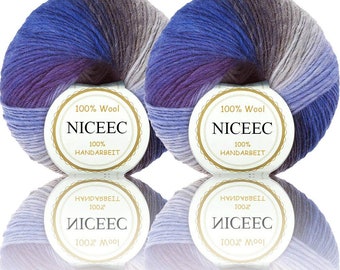 NICEEC 2 Skeins Soft Rainbow Yarn 100% Wool Gradient Multi Color Yarn For Crocheting Knit Total Length 180m×2(196yds×2,50g×2)-2