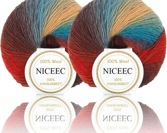 NICEEC 2 Skeins Soft Rainbow Yarn 100% Wool Gradient Multi Color Yarn For Crocheting Knit Total Length 180m×2(196yds×2,50g×2)-14