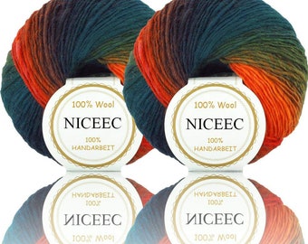 NICEEC 2 Skeins Soft Rainbow Yarn 100% Wool Gradient Multi Color Yarn For Crocheting Knit Total Length 180m×2(196yds×2,50g×2)-10