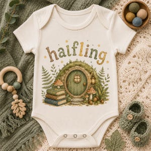 May include: A cream-colored short-sleeve baby bodysuit featuring the text "halfling" in a decorative font above an illustration of a round green door set into a grassy hill, surrounded by stacked books, mushrooms, and small stars.