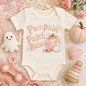 May include: A cream-colored short-sleeve bodysuit featuring the text "Pumpkin Patch Babe" in pink and tan plaid lettering. The graphic includes a pastel-colored patchwork pumpkin and a small white ghost with a smiling face and pink flowers.