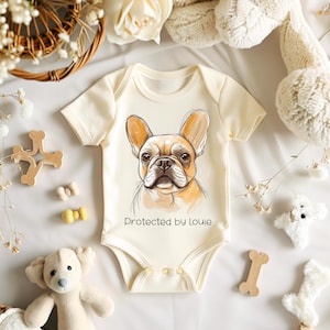 May include: Cream baby bodysuit with a French bulldog illustration in tan and brown. The text "Protected by Louie" is printed below the dog. The image includes baby toys. The bodysuit is made of soft material.