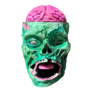 Boîte à bonbons tête de zombie avec couvercle en forme de cerveau – Décoration et rangement d'Halloween amusants pour les fans d'horreur