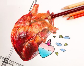 dessin anatomique du cœur, crayons de couleur peints à la main, cadeau pour les médecins, image murale, non encadré