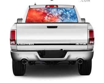 May include: A white pickup truck with a red, white, and blue galaxy-themed rear window decal. The truck has a "LIMITED" and "4x4" emblem on the tailgate.