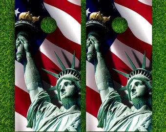 Statue of Liberty America Fireworks Cornhole Bean Bag Toss 3M Vinyl Wrap Set 