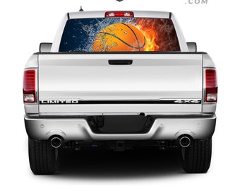 May include: A white pickup truck with a basketball graphic on the rear window. The graphic features a basketball with flames and water splashes. The truck has a "LIMITED" and "4X4" emblem on the tailgate.
