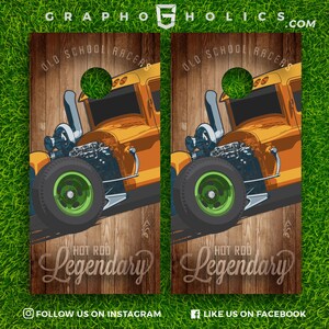 Set of 2 High Quality Laminated Cornhole Boards Wraps 24x48 inch– Unique Designs, Custom Graphics - Wooden Old School Hot Rod Legendary