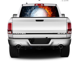 May include: A white pickup truck with a rear window decal of a golf ball in flames and water. The truck has a "LIMITED" and "4x4" emblem on the tailgate.