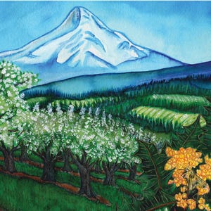 Notecard with Landscape Painting of Hood River Valley Spring Orchards and Mt. Hood