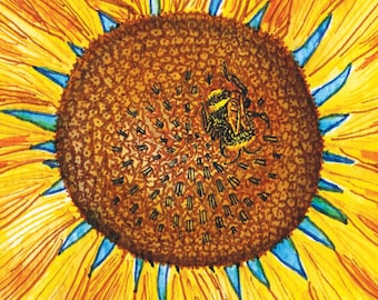 Tarjeta de notas con flores de girasol y abejorro