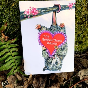 Bos Valentijnskaart met geweldige illustratie van opossum, blanco binnenkant voor je eigen bericht