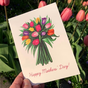 Carte bouquet de tulipes dessinée à la main pour la fête des Mères : intérieur vierge pour votre message personnalisé
