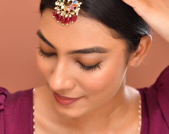 Maang Tikka Pacchi Kundan Jadau chapado en oro de 22 quilates / Tocado de latón / Joyería étnica para el cabello / Maang Tikka de boda / Regalo para ella / Maang nupcial