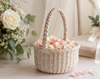 Beige korg för bröllopsblommor Rund korg med handtag