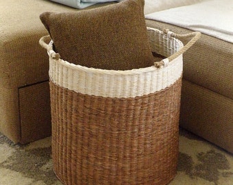 Tall wicker round basket with handle Two tone laundry basket Woven large basket for blanket & pillows Storage bin Hamper basket Toy basket