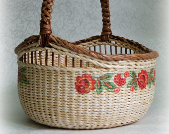 Angoily 1 cestino da matrimonio, in vimini, stile rustico, rotondo, in vimini, con manico per fiori, frutta, giocattoli, caramelle, uova, misura